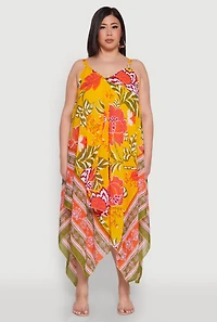 Womens Plus Floral Graphic Sharkbite Hem Dress, Multi,