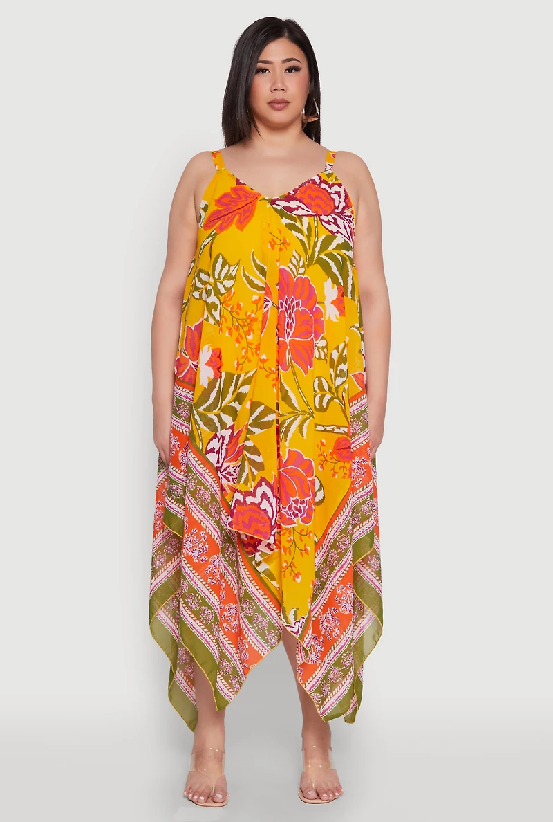 Womens Plus Size Floral Graphic Sharkbite Hem Dress, Multi, Size 1X