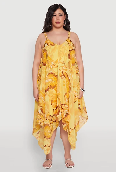 Womens Plus Size Floral Print V Neck Maxi Dress, Yellow, Size 2X