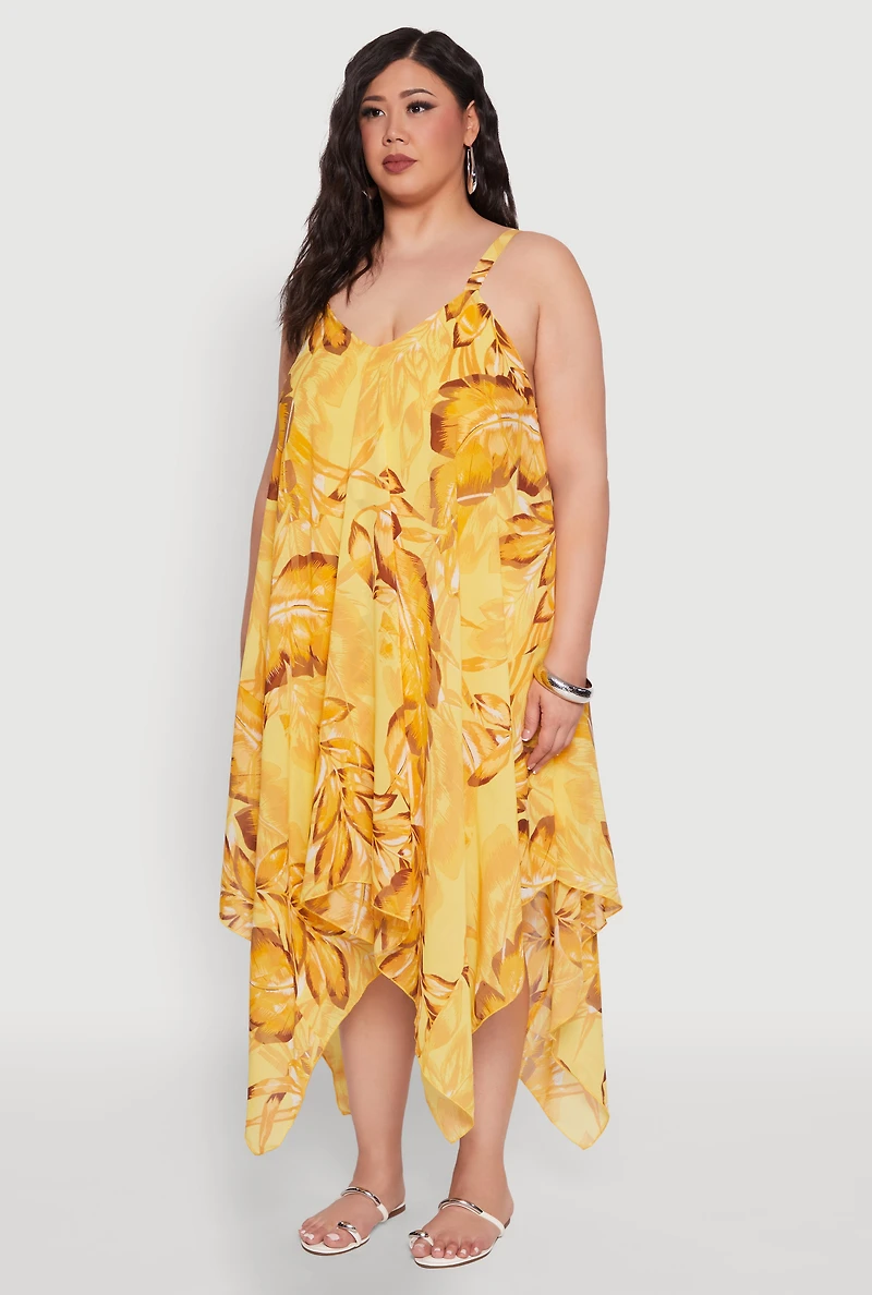 Womens Plus Size Floral Print V Neck Maxi Dress, Yellow, Size 2X
