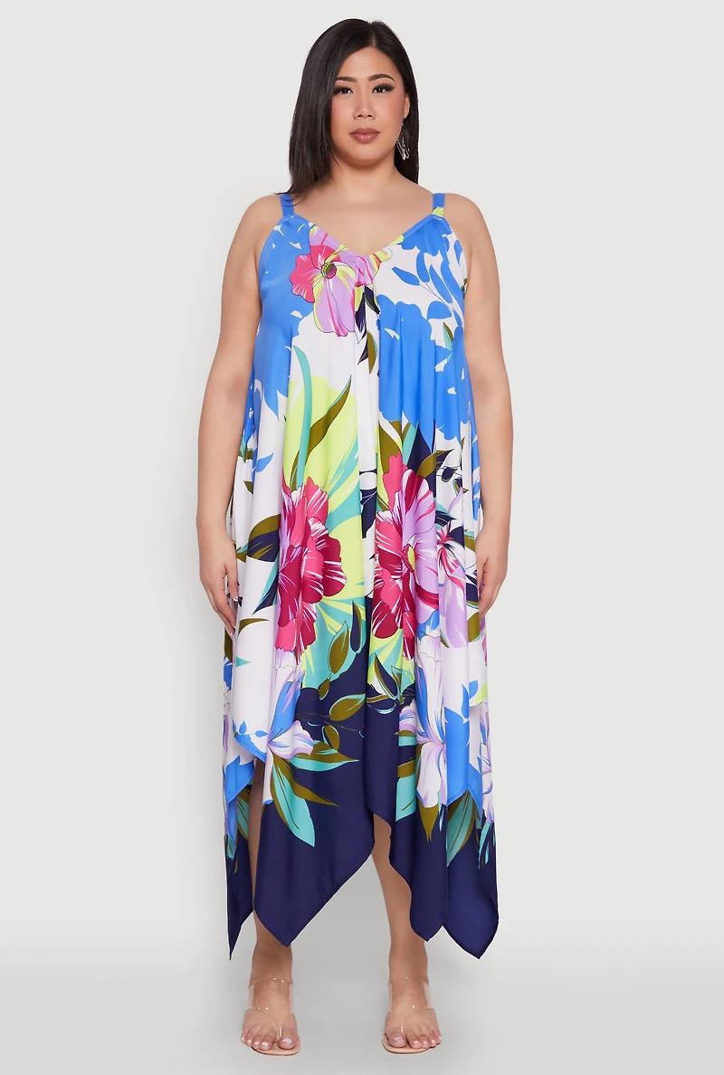 Womens Plus Size Floral Border Print Sharkbite Hem Dress, Multi, Size 1X
