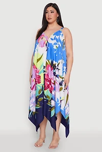 Womens Plus Size Floral Border Print Sharkbite Hem Dress, Multi, Size 3X