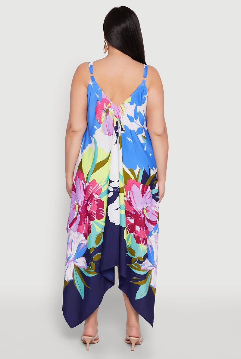 Womens Plus Size Floral Border Print Sharkbite Hem Dress, Multi, Size 1X