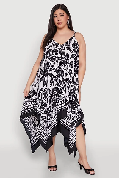 Womens Plus Size Border Floral Print Sharkbite Hem Dress, Multi, Size 2X