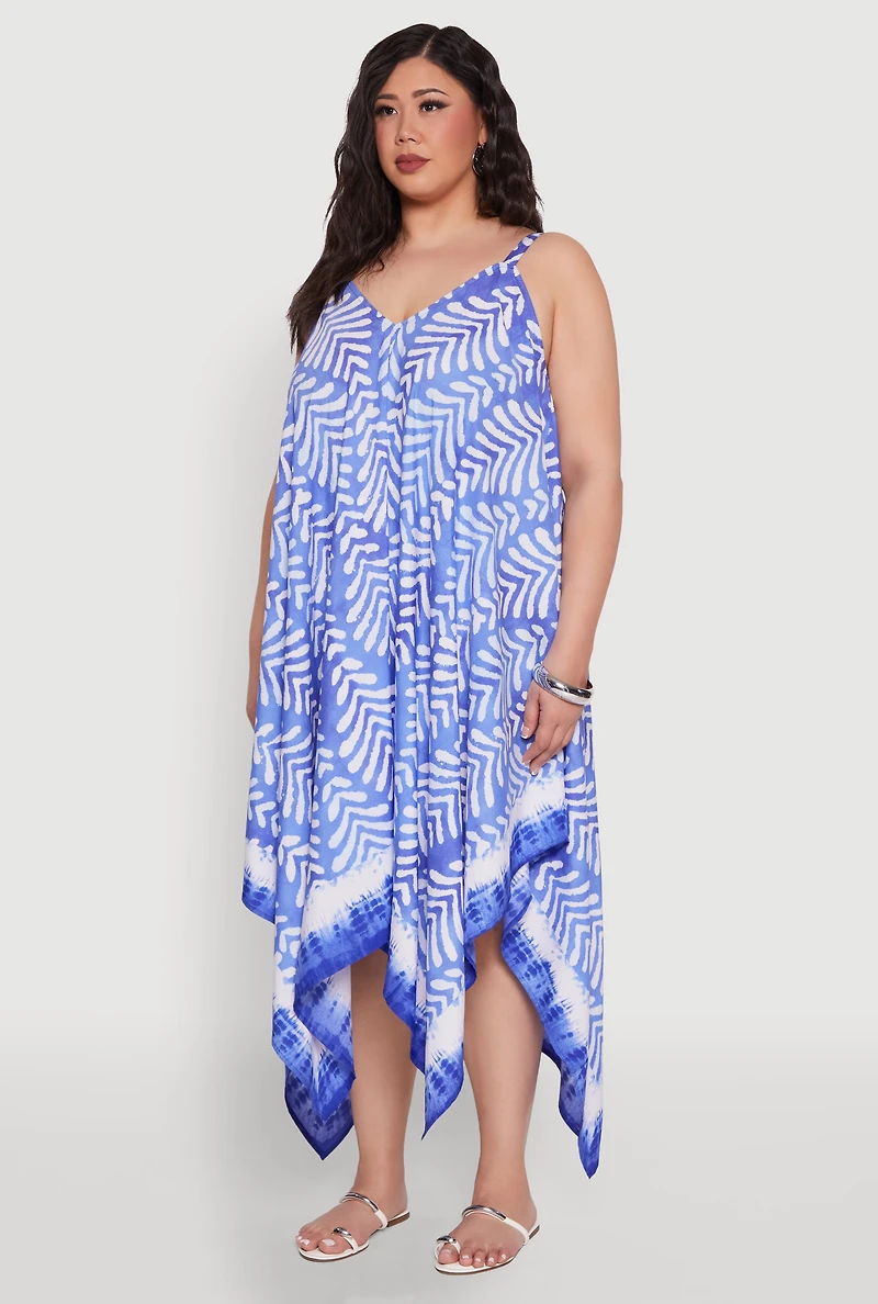 Womens Plus Size Printed Sharkbite Hem Dress, Blue, Size 1X