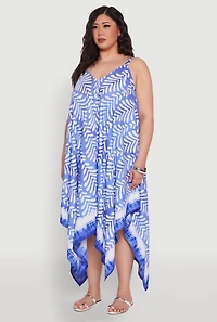 Womens Plus Size Printed Sharkbite Hem Dress, Blue, Size 1X