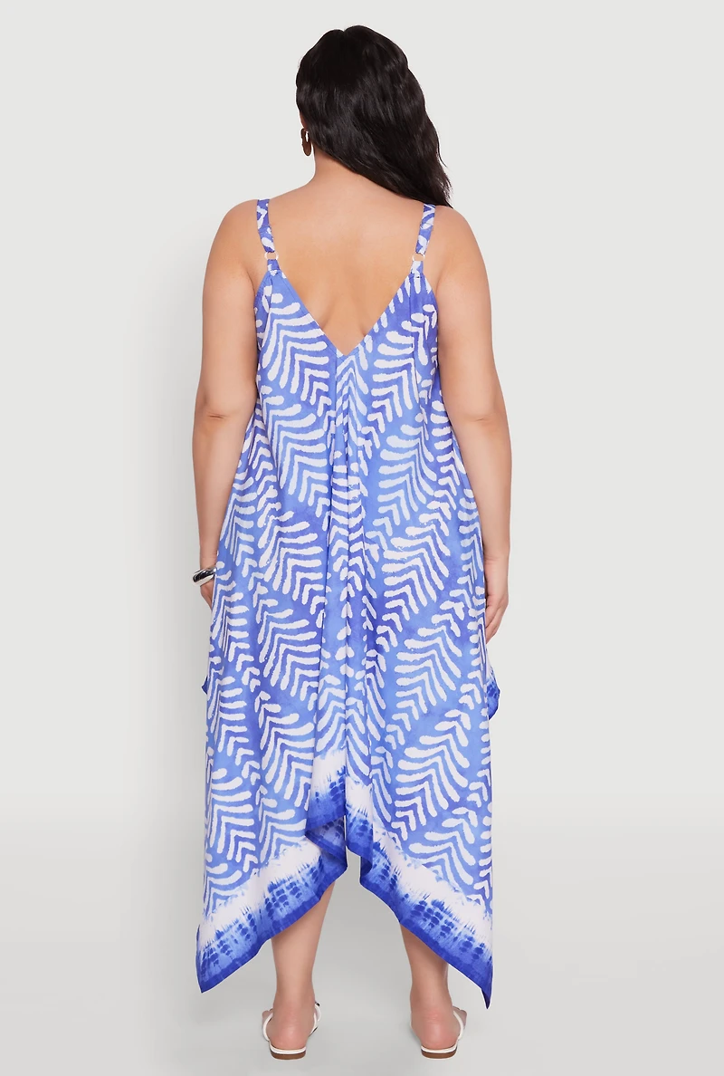 Womens Plus Size Printed Sharkbite Hem Dress, Blue, Size 1X