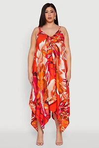 Plus Leaf Print Sharkbite Hem Maxi Dress