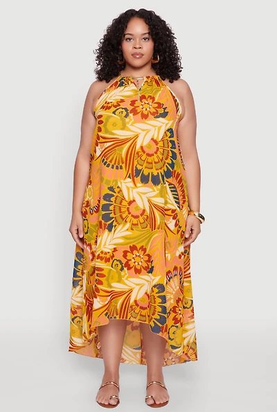 Plus Boho Floral Print Keyhole High Low Dress