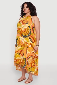 Womens Plus Size Boho Floral Print Keyhole High Low Dress, Yellow, Size 2X