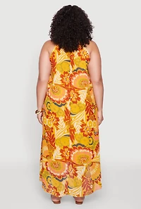 Womens Plus Size Boho Floral Print Keyhole High Low Dress, Yellow, Size 2X