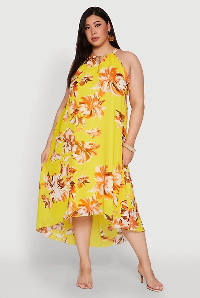 Womens Plus Size Floral Metallic Detail Keyhole High Low Dress, Yellow, Size 1X