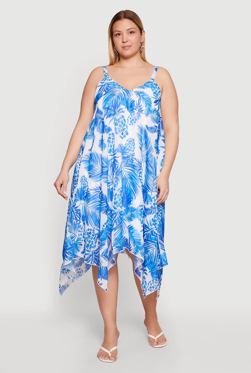 Plus Tropical Pineapple Print Sharkbite Hem Midi Dress