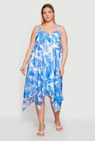 Plus Tropical Pineapple Print Sharkbite Hem Midi Dress