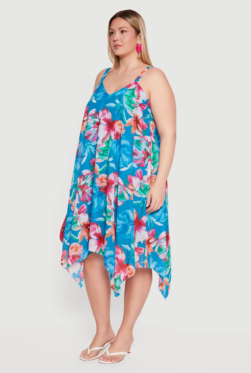 Plus Tropical Floral Print Sleeveless Midi Dress