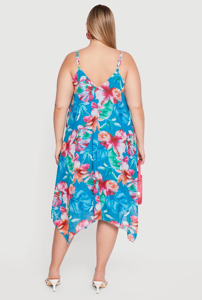 Plus Tropical Floral Print Sleeveless Midi Dress