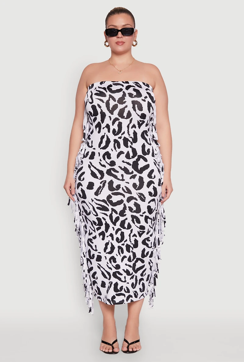 Womens Plus Size Patterned Fringe Side Tube Dress, Multi, Size 3X