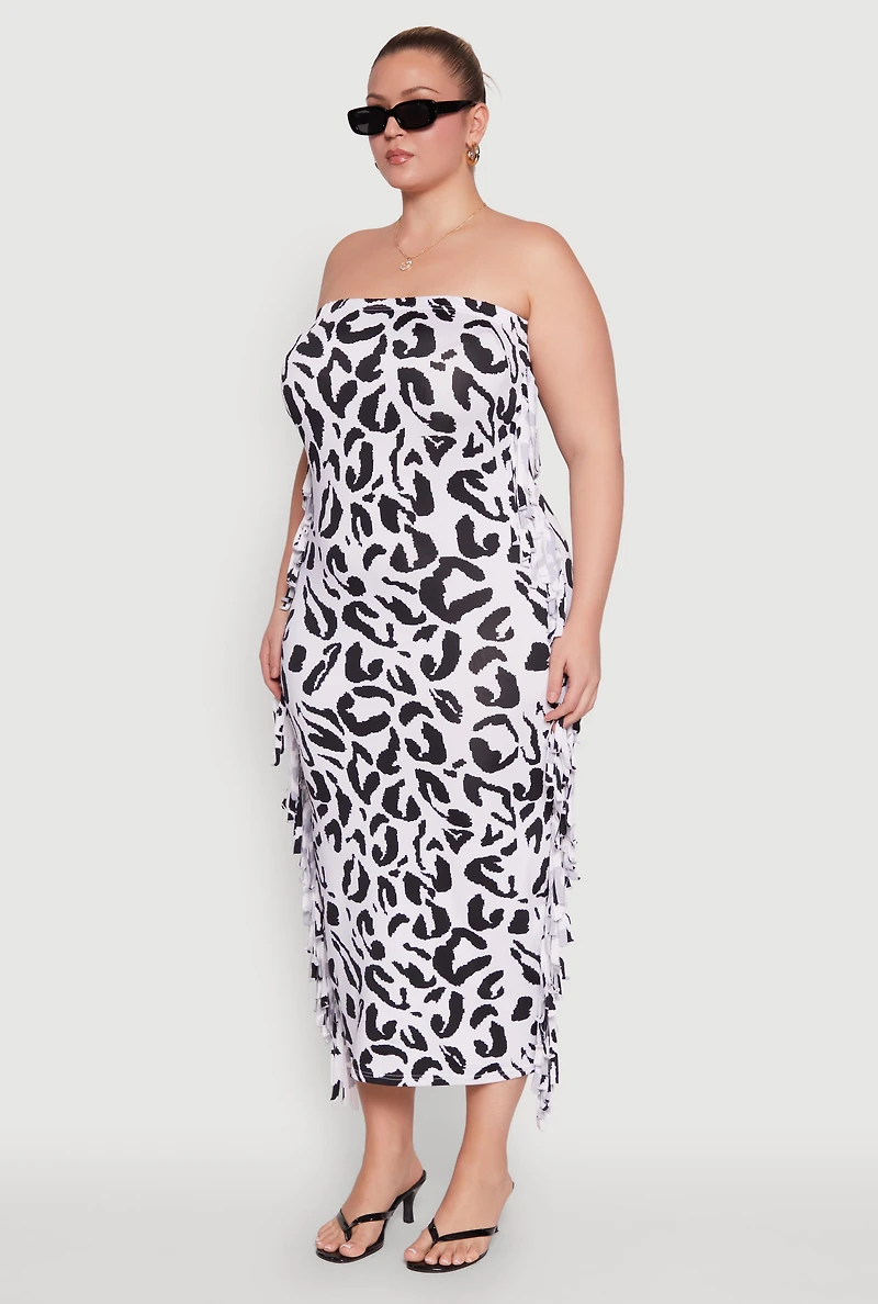 Womens Plus Size Patterned Fringe Side Tube Dress, Multi, Size 3X