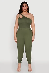 Womens Plus Size Keyhole One Shoulder Jumpsuit, Green, Size 2X