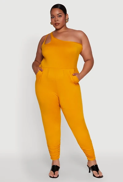 Womens Plus Size Keyhole One Shoulder Jumpsuit, Yellow, Size 3X