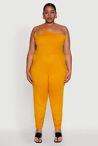 Womens Plus Size Keyhole One Shoulder Jumpsuit, Yellow, Size 3X