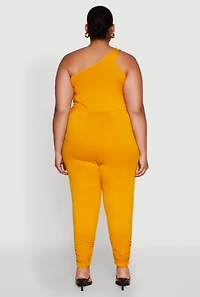 Womens Plus Size Keyhole One Shoulder Jumpsuit, Yellow, Size 3X