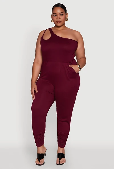 Womens Plus Size Keyhole One Shoulder Jumpsuit, Red, Size 1X
