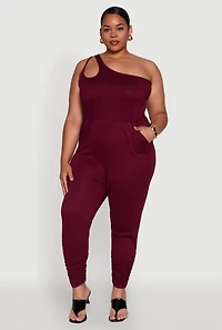 Womens Plus Size Keyhole One Shoulder Jumpsuit, Red, Size 1X