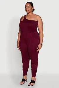 Womens Plus Size Keyhole One Shoulder Jumpsuit, Red, Size 1X