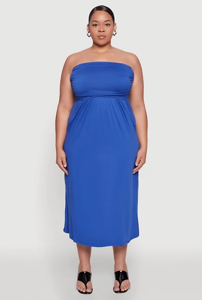 Womens Plus Size Soft Knit Empire Waist Maxi Tube Dress, Blue, Size 1X