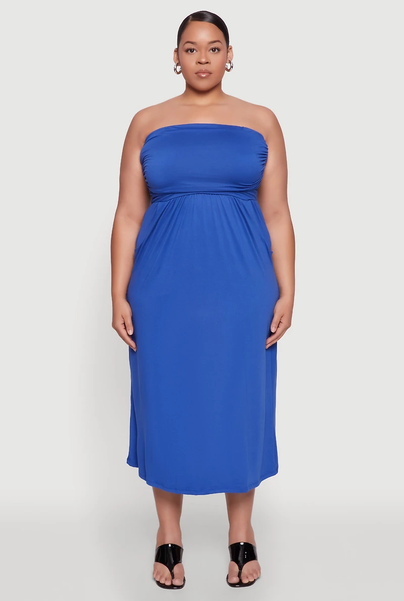 Womens Plus Size Soft Knit Empire Waist Maxi Tube Dress, Blue, Size 2X
