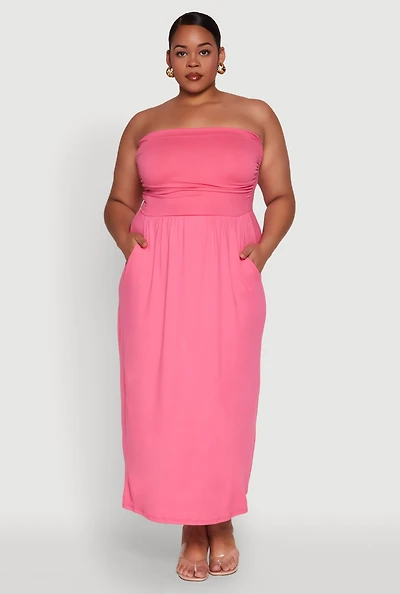 Womens Plus Size Soft Knit Empire Waist Maxi Tube Dress, Pink, Size 1X