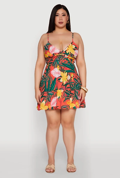 Womens Plus Size Tropical Floral V Neck Sundress with Flounce Hem, Multi, Size 1X