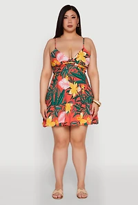 Womens Plus Size Tropical Floral V Neck Sundress with Flounce Hem, Multi, Size 1X
