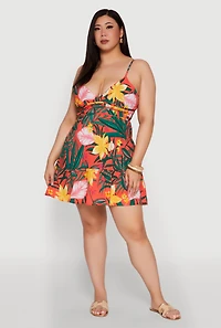 Womens Plus Size Tropical Floral V Neck Sundress with Flounce Hem, Multi, Size 1X