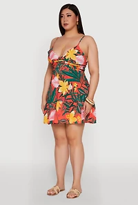 Womens Plus Size Tropical Floral V Neck Sundress with Flounce Hem, Multi, Size 1X