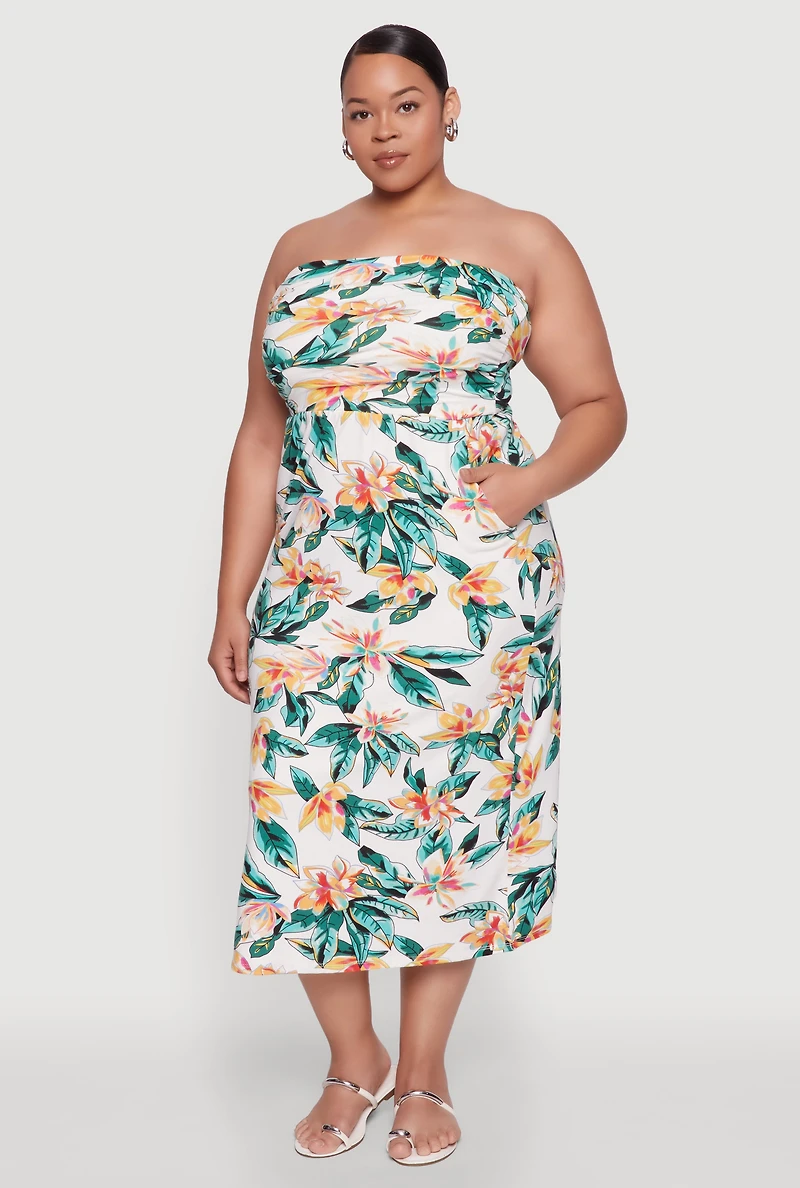 Womens Plus Size Floral Print Midi Tube Dress, Multi, Size 1X