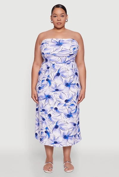 Womens Plus Size Watercolor Floral Print Tube Dress, Multi, Size 2X