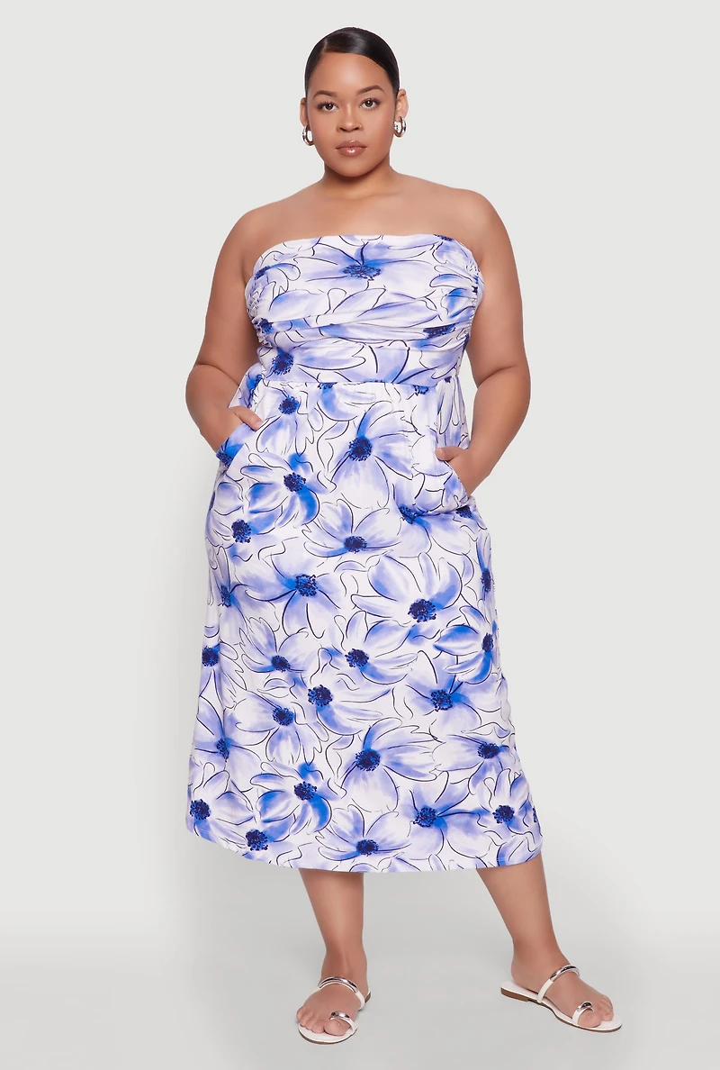 Womens Plus Size Watercolor Floral Print Tube Dress, Multi, Size 1X