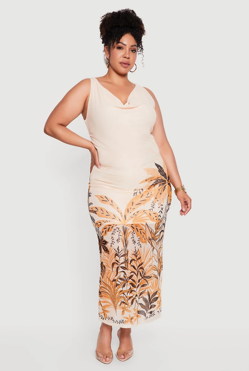Plus Leaf Print Cowl Neck Maxi Dress
