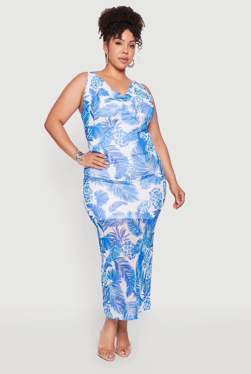 Plus Tropical Leaf Print Cowl Neck Maxi Dress