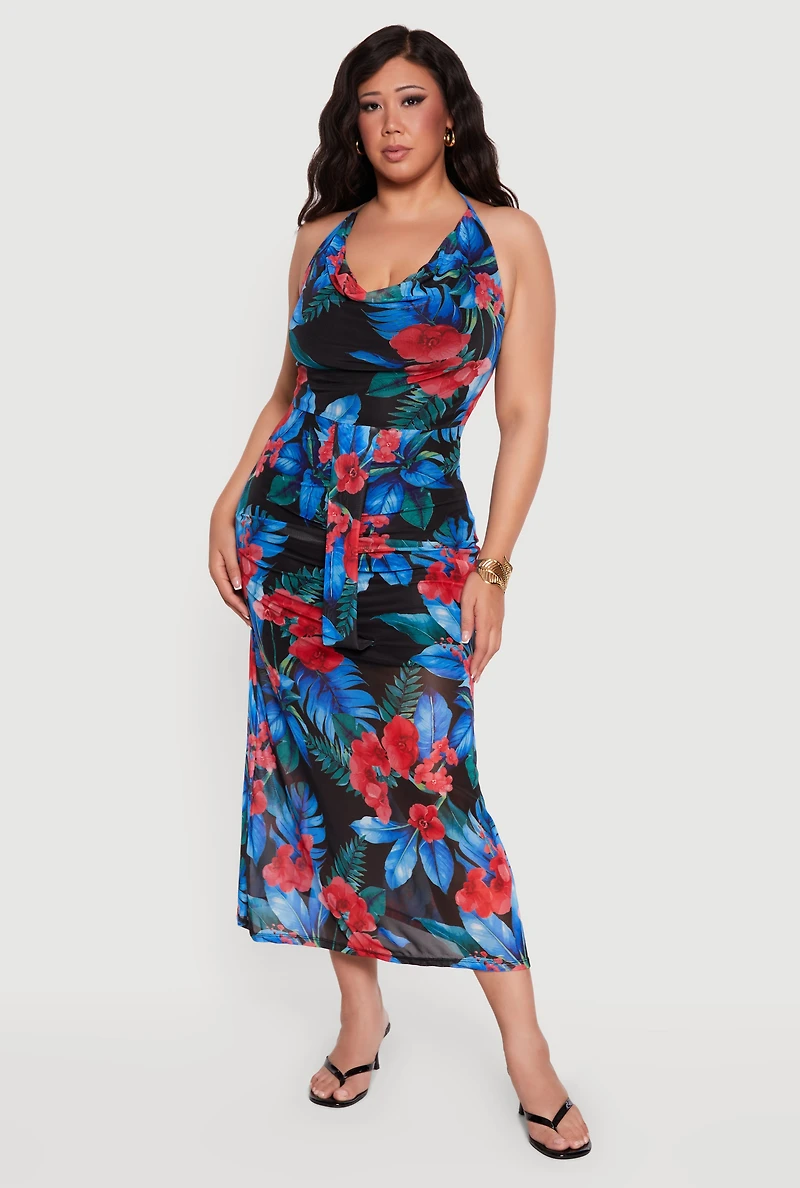 Plus Floral Mesh Cowl Halter Neck Midi Dress