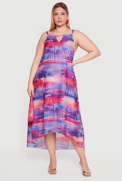 Plus Palm Tree Print Metallic Keyhole Detail High Low Dress