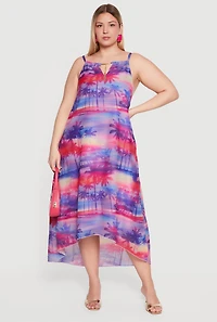 Plus Palm Tree Print Metallic Keyhole Detail High Low Dress