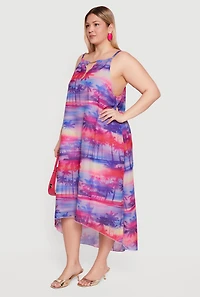 Plus Palm Tree Print Metallic Keyhole Detail High Low Dress