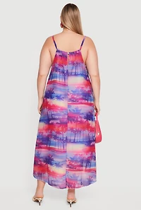 Plus Palm Tree Print Metallic Keyhole Detail High Low Dress