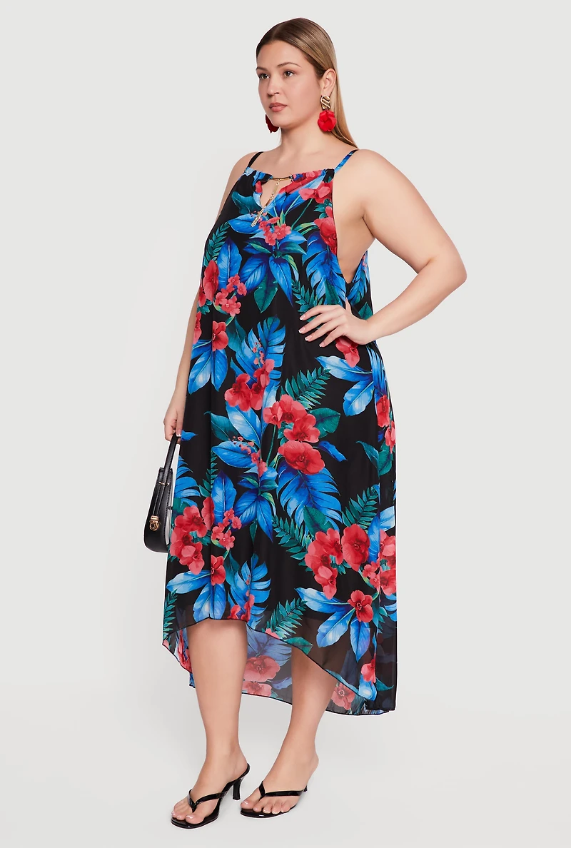 Plus Tropical Floral Print Sharkbite Hem Dress