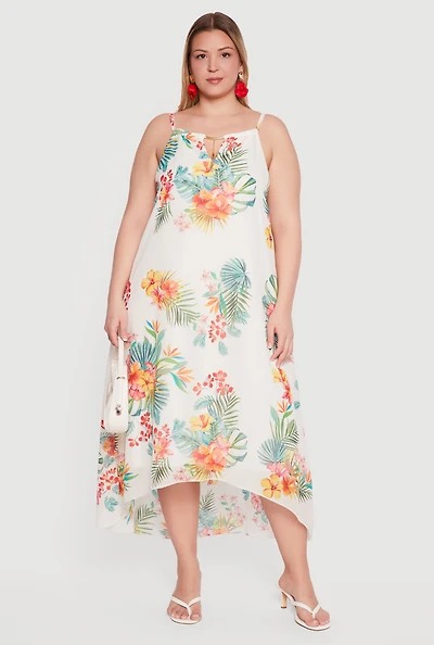 Plus Floral Metallic Keyhole Detail High Low Dress