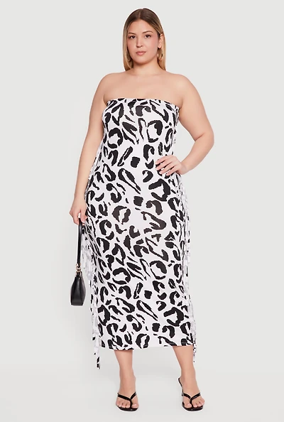 Plus Animal Print Tube Dress with Side Fringe
