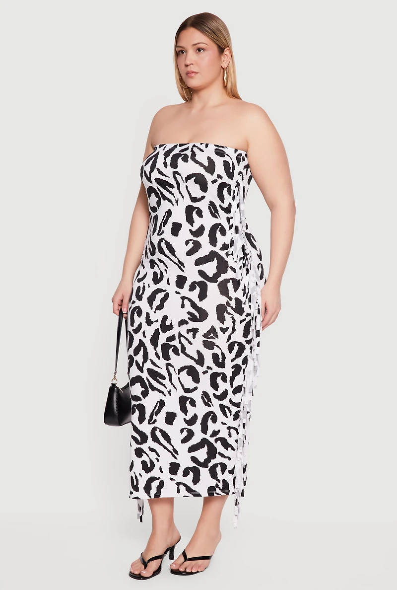 Plus Animal Print Tube Dress with Side Fringe
